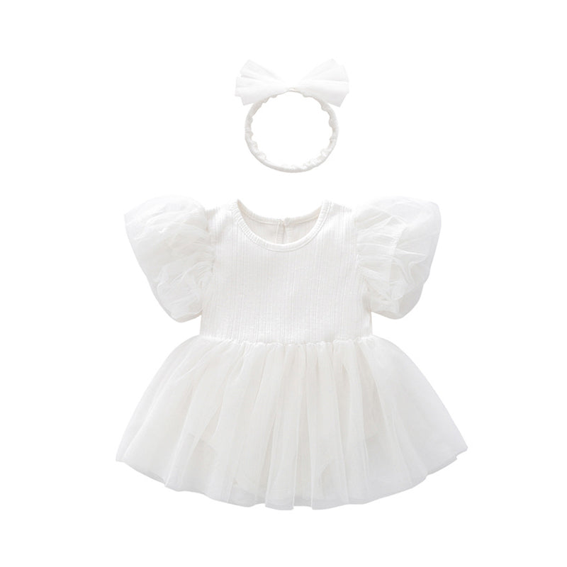 Baby Girls Solid Color Bow Lace Dresses Rompers Wholesale 221010794