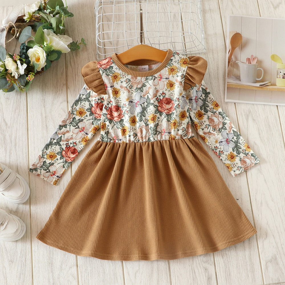 Baby Kid Girls Color-blocking Flower Print Dresses Wholesale 221011244