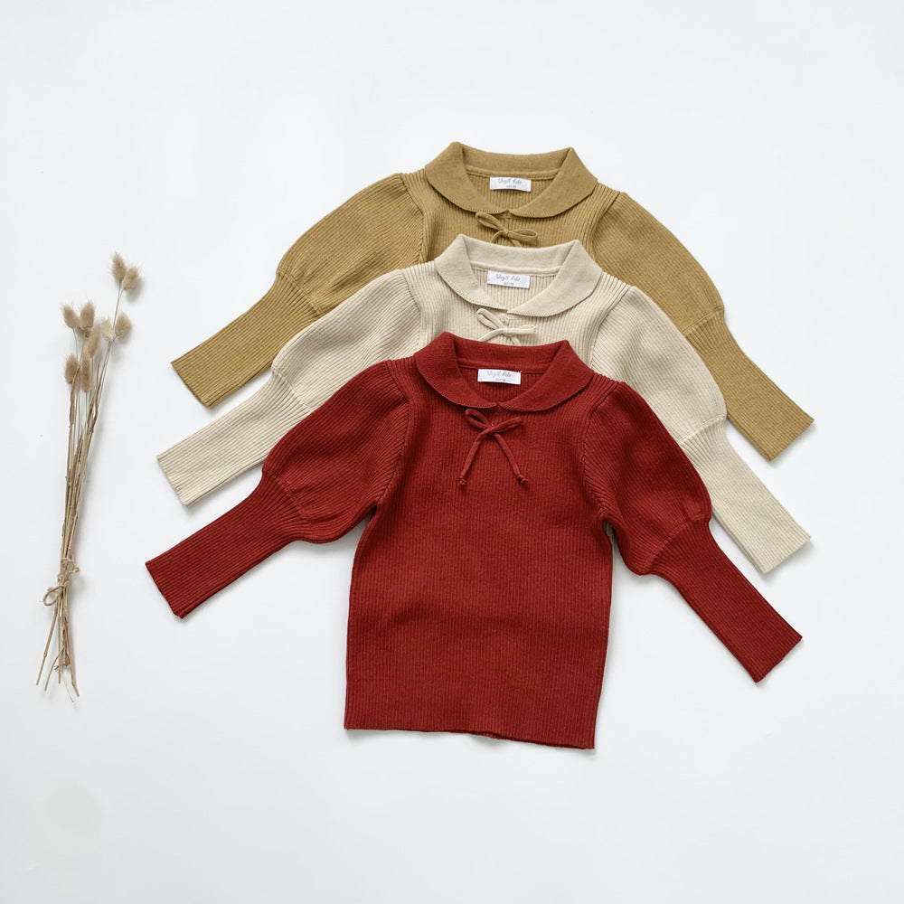 Baby Kid Girls Solid Color Bow Muslin&Ribbed Sweaters Wholesale 22101138