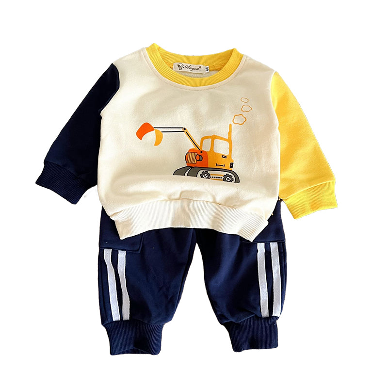 2 Pieces Set Baby Kid Boys Color-blocking Car Cartoon Print Hoodies Swearshirts Striped And Letters Pants Wholesale 221018204