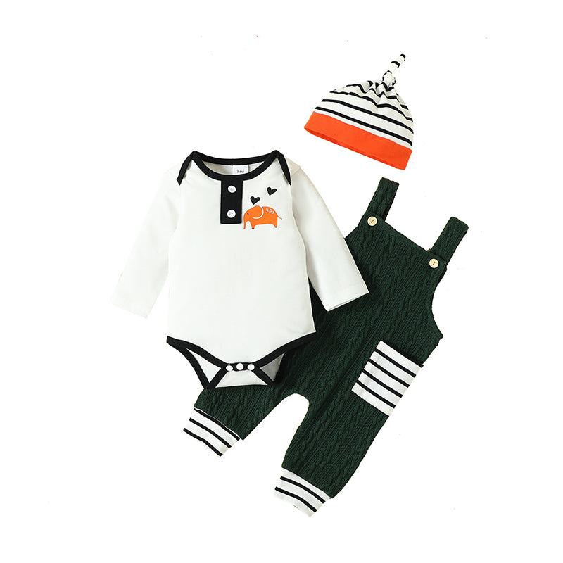 3 Pieces Set Baby Boys Animals Cartoon Print Rompers And Striped Jumpsuits And Hats Wholesale 221018306