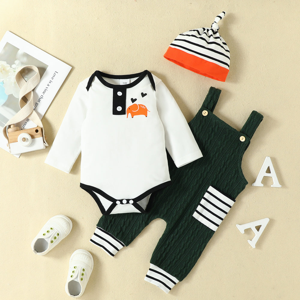 3 Pieces Set Baby Boys Animals Cartoon Print Rompers And Striped Jumpsuits And Hats Wholesale 221018306