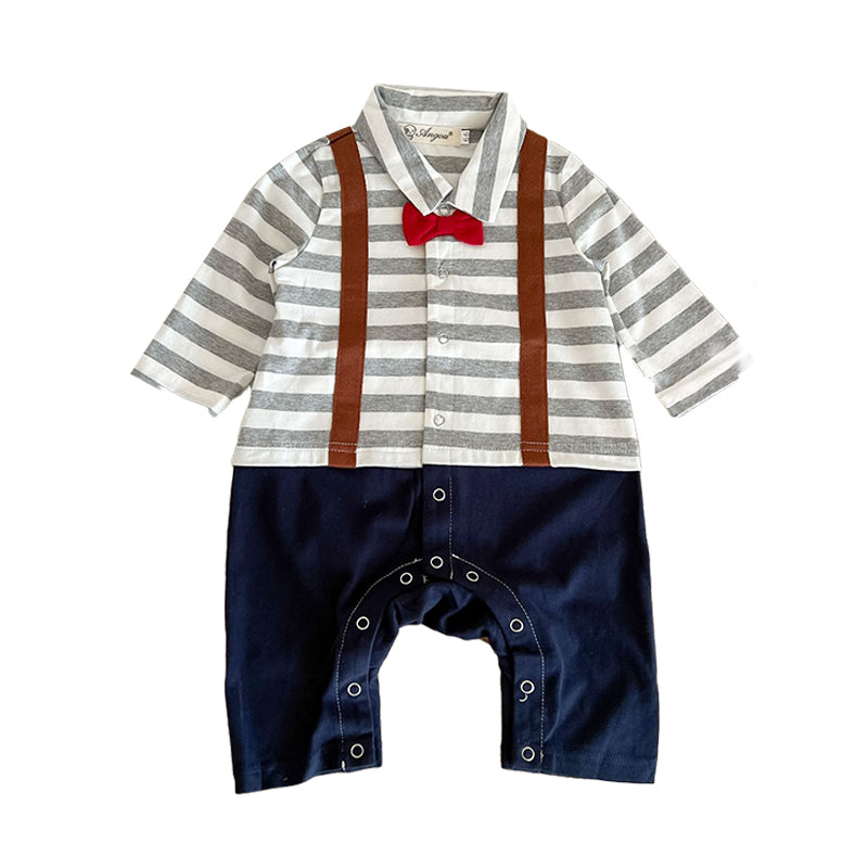 Baby Boys Striped Color-blocking Bow Birthday Jumpsuits Wholesale 22101835