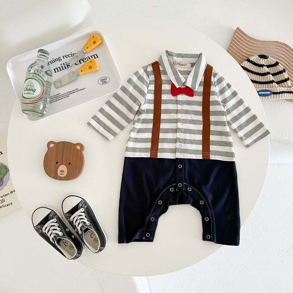 Baby Boys Striped Color-blocking Bow Birthday Jumpsuits Wholesale 22101835