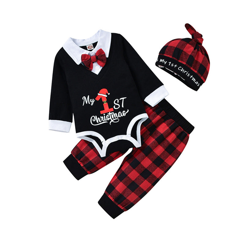 3 Pieces Set Baby Boys Christmas Checked Hats Letters Rompers And Pants Wholesale 221018373