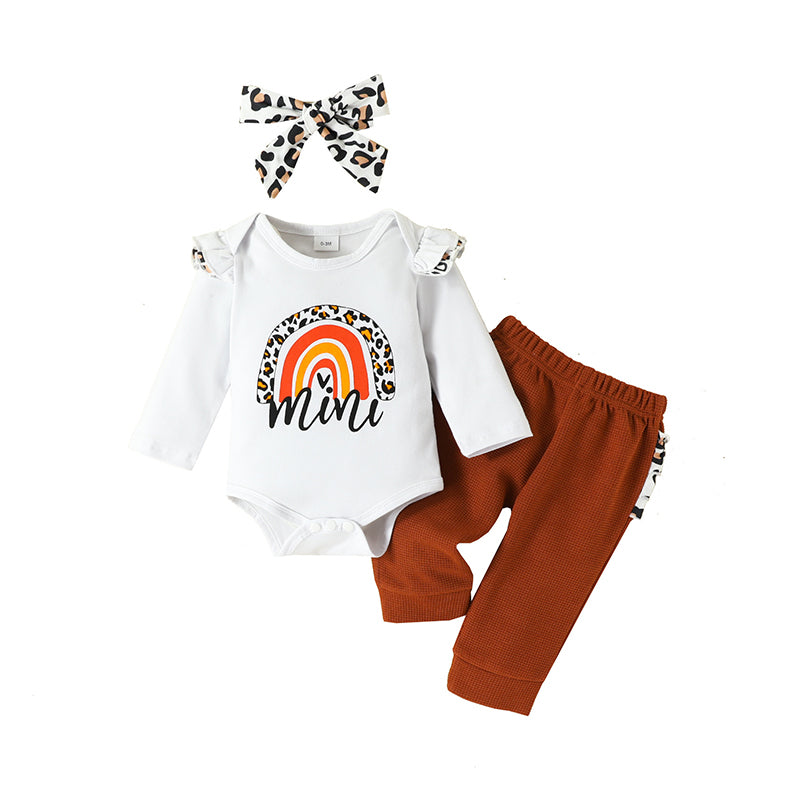 2 Pieces Set Baby Girls Letters Leopard Rainbow Bow Rompers And Pants Wholesale 221018406