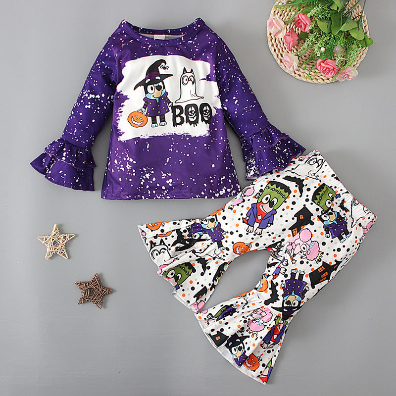 2 Pieces Set Baby Kid Girls Halloween Letters Cartoon Print Tops And Polka dots Pants Wholesale 221025103