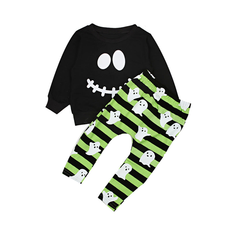 2 Pieces Set Baby Kid Unisex Halloween Expression Print Tops And Striped Pants Wholesale 22102514