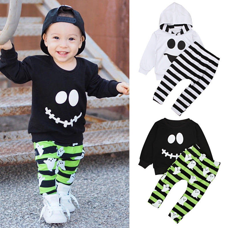 2 Pieces Set Baby Kid Unisex Halloween Expression Print Tops And Striped Pants Wholesale 22102514