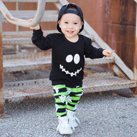 Load image into Gallery viewer, 2 Pieces Set Baby Kid Unisex Halloween Expression Print Tops And Striped Pants Wholesale 22102514
