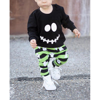 Load image into Gallery viewer, 2 Pieces Set Baby Kid Unisex Halloween Expression Print Tops And Striped Pants Wholesale 22102514

