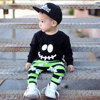 Load image into Gallery viewer, 2 Pieces Set Baby Kid Unisex Halloween Expression Print Tops And Striped Pants Wholesale 22102514
