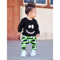 Load image into Gallery viewer, 2 Pieces Set Baby Kid Unisex Halloween Expression Print Tops And Striped Pants Wholesale 22102514
