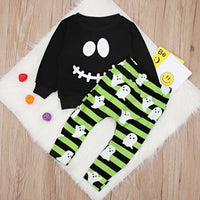 Load image into Gallery viewer, 2 Pieces Set Baby Kid Unisex Halloween Expression Print Tops And Striped Pants Wholesale 22102514
