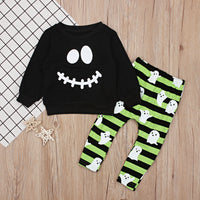 Load image into Gallery viewer, 2 Pieces Set Baby Kid Unisex Halloween Expression Print Tops And Striped Pants Wholesale 22102514
