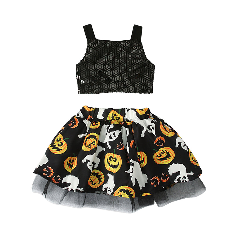 2 Pieces Set Baby Kid Girls Halloween Solid Color Print Tank Tops Cartoon And Expression Skirts Wholesale 22102522