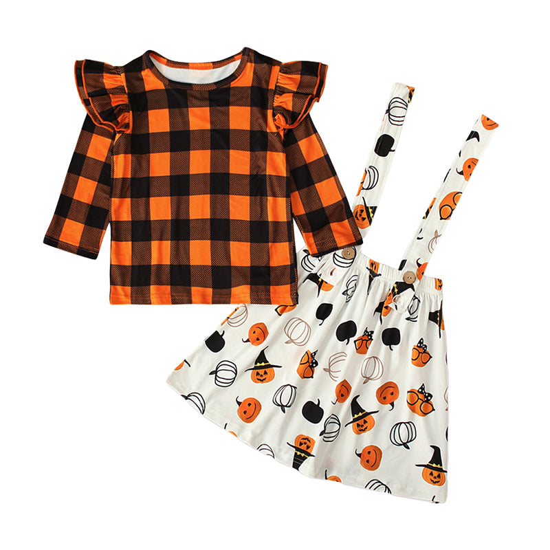 2 Pieces Set Baby Kid Girls Halloween Checked Print Tops Cartoon And Expression Dresses Wholesale 22102525