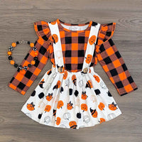 Load image into Gallery viewer, 2 Pieces Set Baby Kid Girls Halloween Checked Print Tops Cartoon And Expression Dresses Wholesale 22102525
