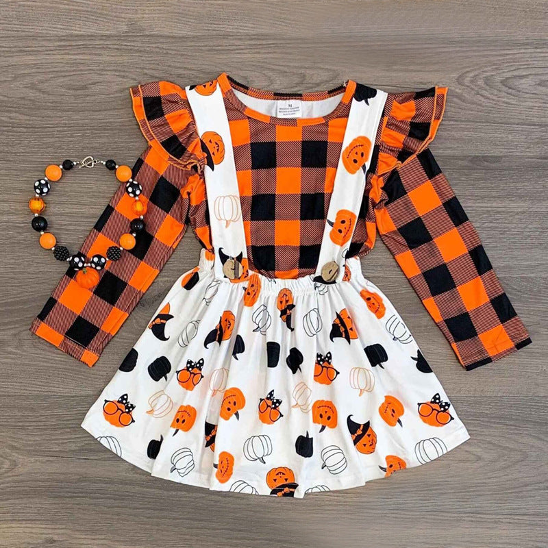 2 Pieces Set Baby Kid Girls Halloween Checked Print Tops Cartoon And Expression Dresses Wholesale 22102525