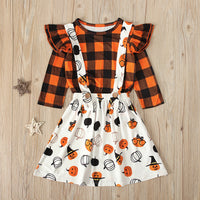 Load image into Gallery viewer, 2 Pieces Set Baby Kid Girls Halloween Checked Print Tops Cartoon And Expression Dresses Wholesale 22102525
