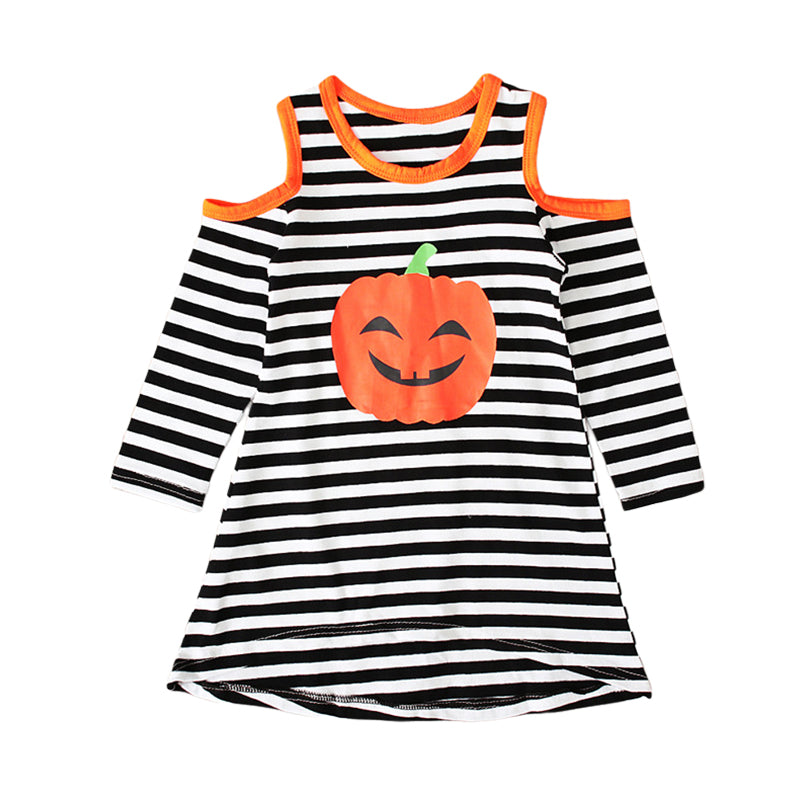Baby Kid Girls Striped Cartoon Expression Print Halloween Dresses Wholesale 22102528