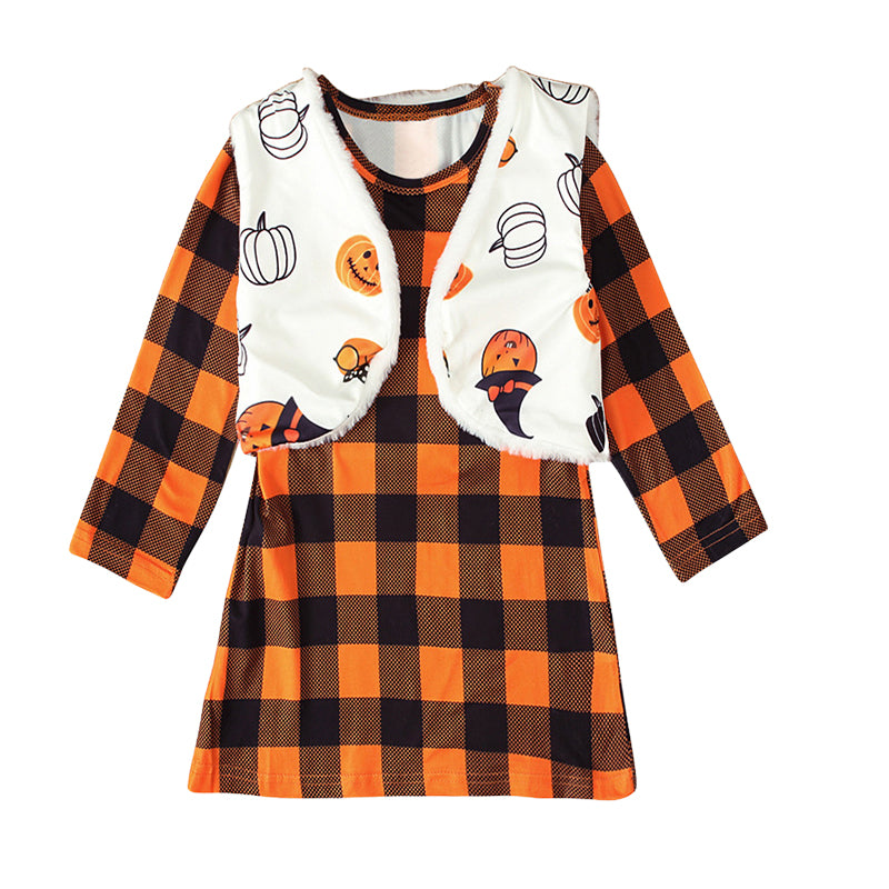 2 Pieces Set Baby Kid Girls Halloween Checked Print Dresses Cartoon And Expression Vests Waistcoats Wholesale 22102530