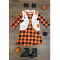 Load image into Gallery viewer, 2 Pieces Set Baby Kid Girls Halloween Checked Print Dresses Cartoon And Expression Vests Waistcoats Wholesale 22102530
