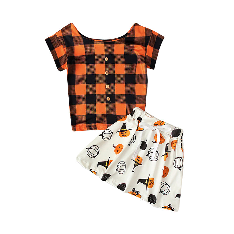 2 Pieces Set Baby Kid Girls Halloween Checked Print T-Shirts Cartoon And Expression Skirts Wholesale 22102533