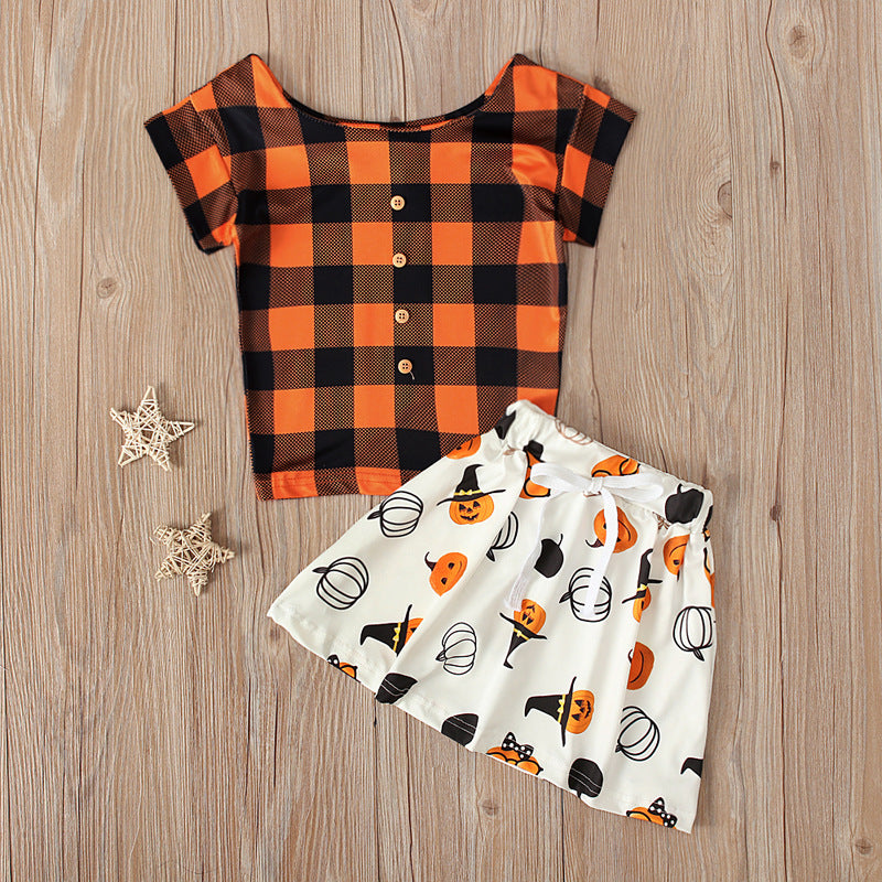 2 Pieces Set Baby Kid Girls Halloween Checked Print T-Shirts Cartoon And Expression Skirts Wholesale 22102533