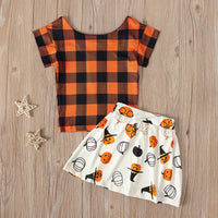 Load image into Gallery viewer, 2 Pieces Set Baby Kid Girls Halloween Checked Print T-Shirts Cartoon And Expression Skirts Wholesale 22102533
