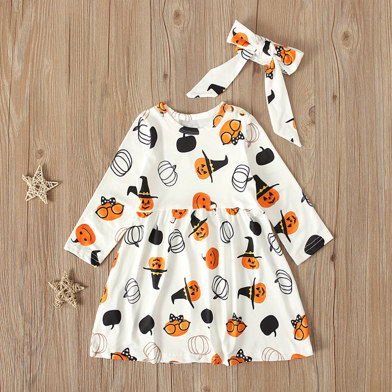 Baby Kid Girls Cartoon Expression Print Halloween Dresses Wholesale 22102534