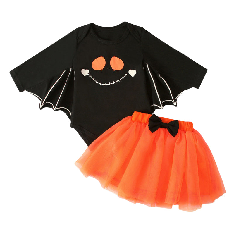 2 Pieces Set Baby Girls Halloween Letters Cartoon Print Rompers And Skirts Wholesale 22102537