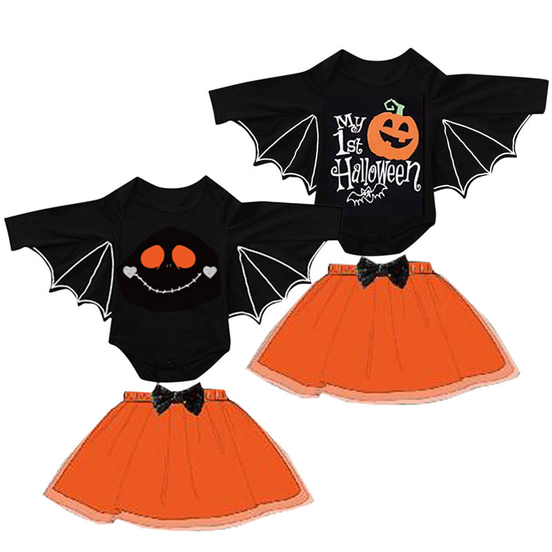 2 Pieces Set Baby Girls Halloween Letters Cartoon Print Rompers And Skirts Wholesale 22102537