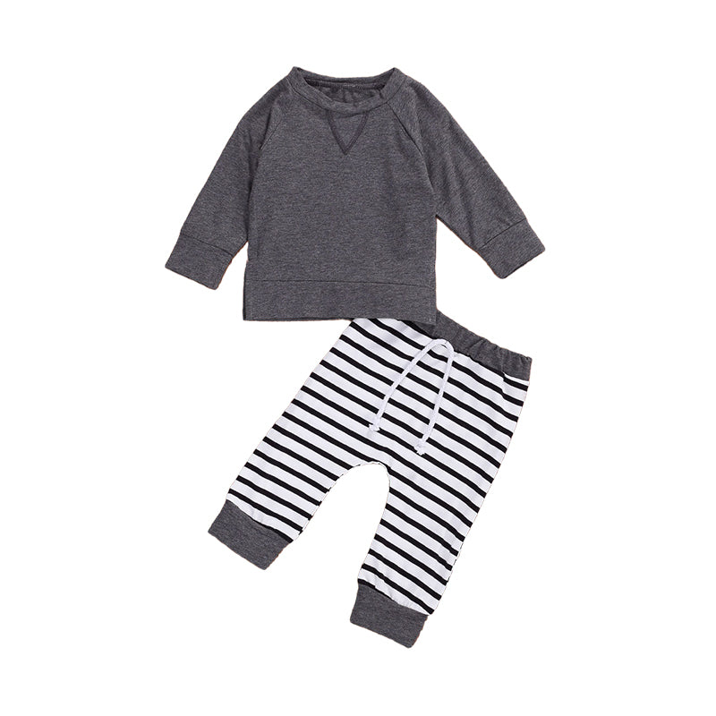 2 Pieces Set Baby Boys Solid Color Tops And Striped Pants Wholesale 22102548