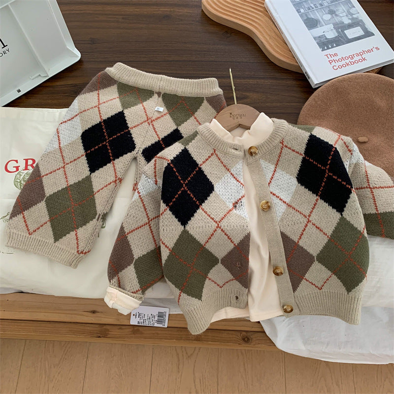 2 Pieces Set Baby Kid Unisex Checked Cardigan Knitwear And Pants Wholesale 221027104