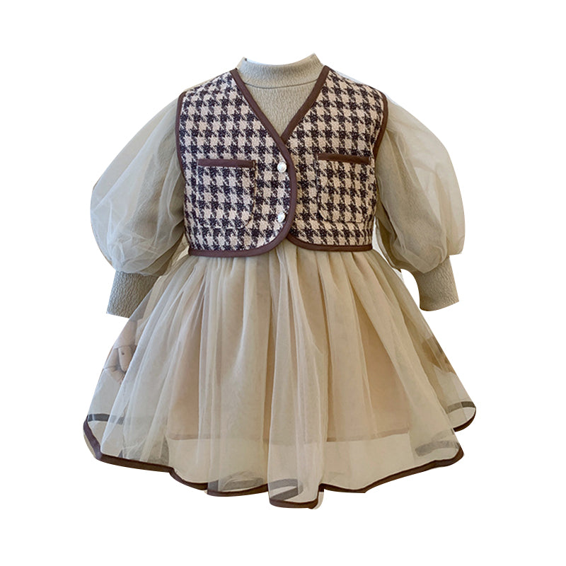 2 Pieces Set Baby Kid Girls Solid Color Dresses And Checked Vests Waistcoats Wholesale 221027256