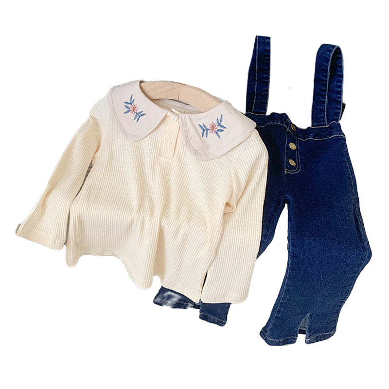 Baby Kid Girls Embroidered Tops And Solid Color Jumpsuits Wholesale 22102733