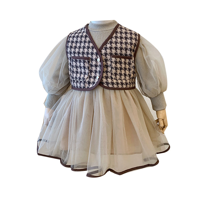 2 Pieces Set Baby Kid Girls Solid Color Dresses And Houndstooth Vests Waistcoats Wholesale 221027568