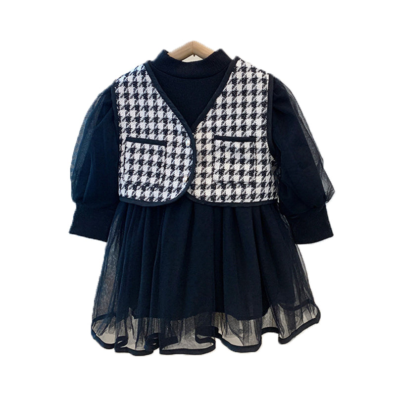 2 Pieces Set Baby Kid Girls Solid Color Dresses And Houndstooth Vests Waistcoats Wholesale 221027568