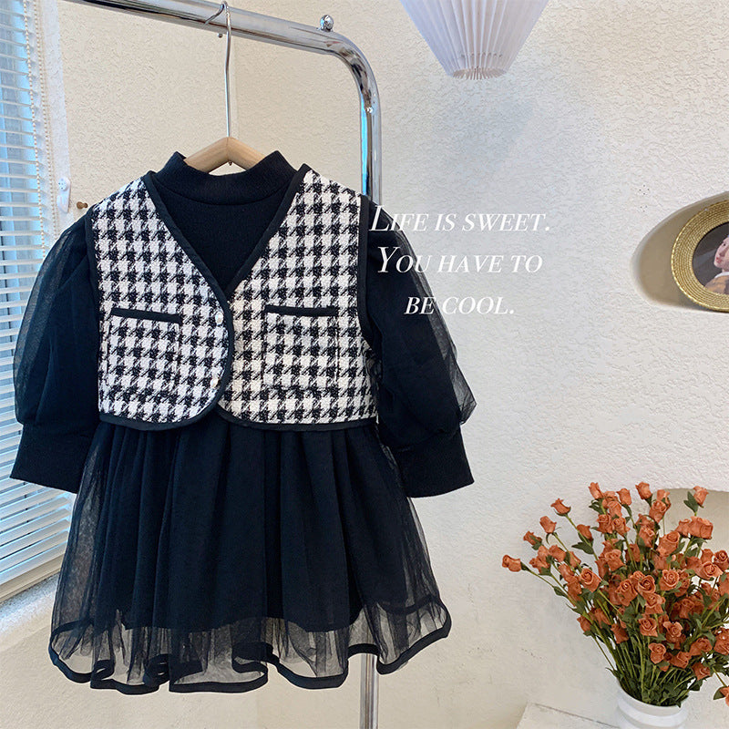 2 Pieces Set Baby Kid Girls Solid Color Dresses And Houndstooth Vests Waistcoats Wholesale 221027568