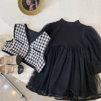 Load image into Gallery viewer, 2 Pieces Set Baby Kid Girls Solid Color Dresses And Houndstooth Vests Waistcoats Wholesale 221027568

