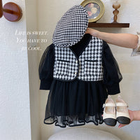 Load image into Gallery viewer, 2 Pieces Set Baby Kid Girls Solid Color Dresses And Houndstooth Vests Waistcoats Wholesale 221027568
