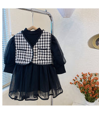 Load image into Gallery viewer, 2 Pieces Set Baby Kid Girls Solid Color Dresses And Houndstooth Vests Waistcoats Wholesale 221027568
