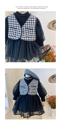 Load image into Gallery viewer, 2 Pieces Set Baby Kid Girls Solid Color Dresses And Houndstooth Vests Waistcoats Wholesale 221027568
