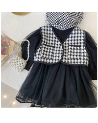 Load image into Gallery viewer, 2 Pieces Set Baby Kid Girls Solid Color Dresses And Houndstooth Vests Waistcoats Wholesale 221027568
