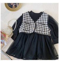 Load image into Gallery viewer, 2 Pieces Set Baby Kid Girls Solid Color Dresses And Houndstooth Vests Waistcoats Wholesale 221027568

