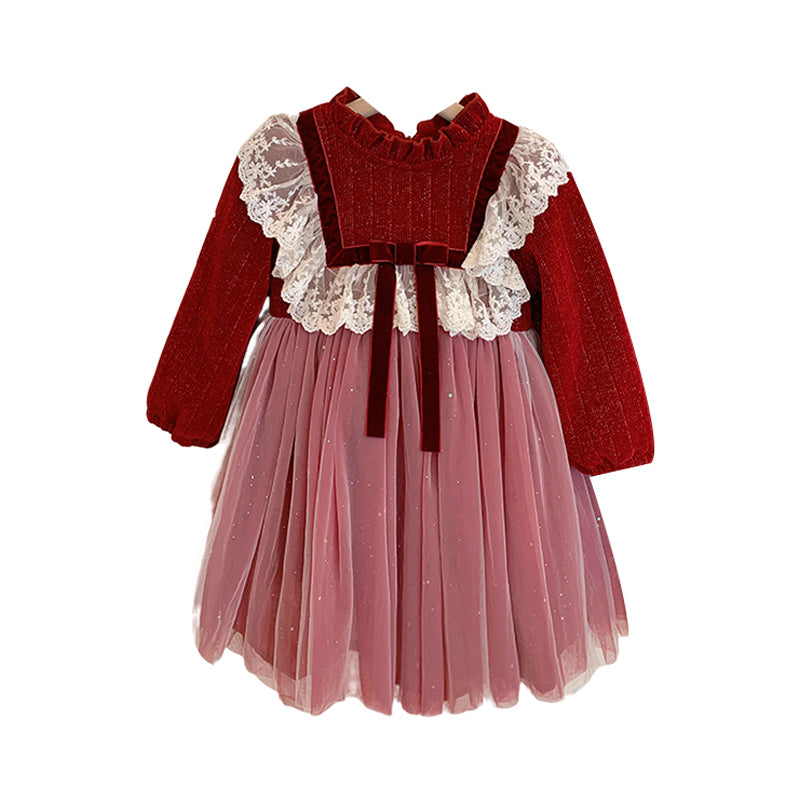 Kid Girls Color-blocking Bow Lace Dresses Wholesale 221027621