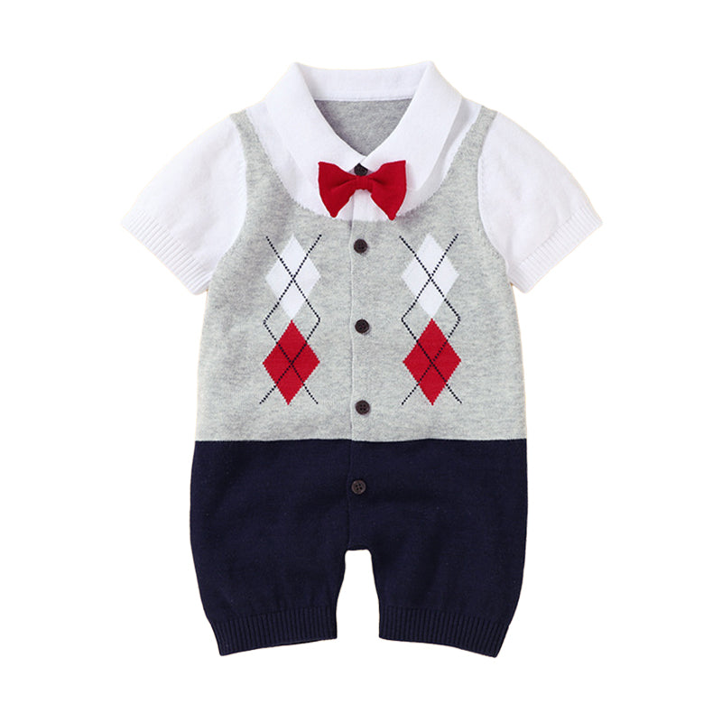 Baby Boys Color-blocking Bow Crochet Rompers Wholesale 221028102