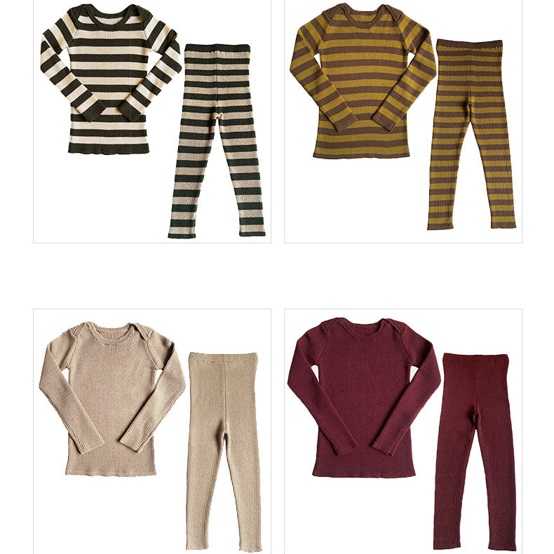 2 Pieces Set Baby Kid Unisex Solid Color Striped Knitwear Tops And Leggings Wholesale 221028288
