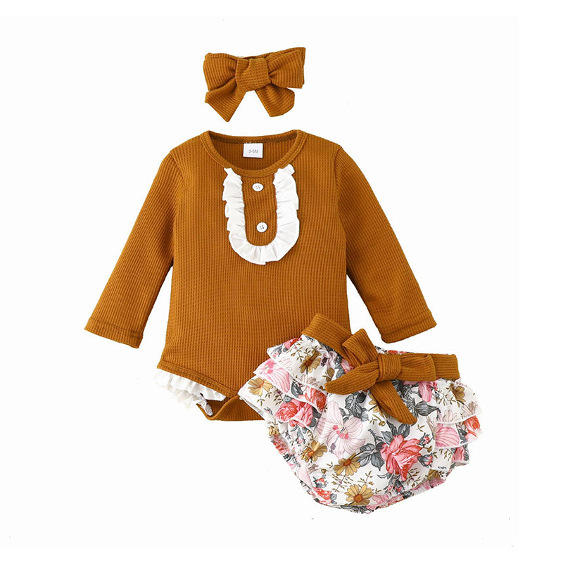 3 Pieces Set Baby Girls Color-blocking Lace Print Rompers Flower Shorts And Bow Headwear Wholesale 221101377